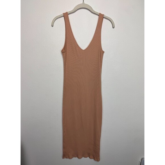 Forever 21 Small Sweater Knit Midi Dress Tan Nude Ribbed V-Neck Bodycon Stretch - Picture 5 of 7